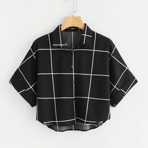 SHEIN | Cuffed Sleeve Dip Hem Grid Shirt